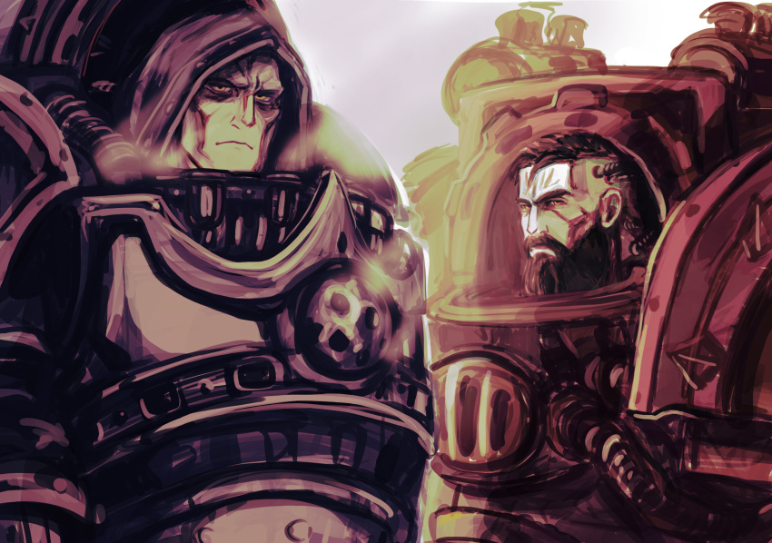 2boys absurdres adeptus_astartes armor beard breastplate cable censer closed_mouth death_guard expressionless facial_hair height_difference highres hood looking_at_viewer male_focus mortarion multiple_boys mustache natalia_mashinsky no_headwear orange_eyes pauldrons power_armor primarch shoulder_armor smoke sunken_cheeks terminator_armor tube typhus_(warhammer) upper_body warhammer_40k white_background