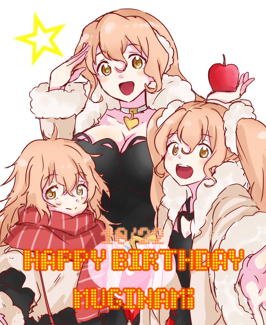 :d absurdres alpha_(smashbox) apple bad_id bad_pixiv_id birthday breasts brown_hair character_name cleavage food fruit happy_birthday highres large_breasts long_hair long_sleeves messy_hair muginami multiple_girls multiple_persona open_mouth outstretched_hand rinne_no_lagrange salute scarf smile star teeth time_paradox twintails white_background yellow_eyes younger