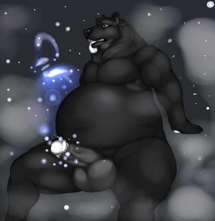 anthro balls bear belly biceps big_balls big_penis black black_fur black_nose chubby darkmor erection female fur glowing grey_background grey_penis male mammal morbidly_obese muscles night nude obese open_mouth overweight pecs penis plain_background pose red_eyes sitting solo space star stars straight thick_penis thunper tongue tongue_out vein white_tongue