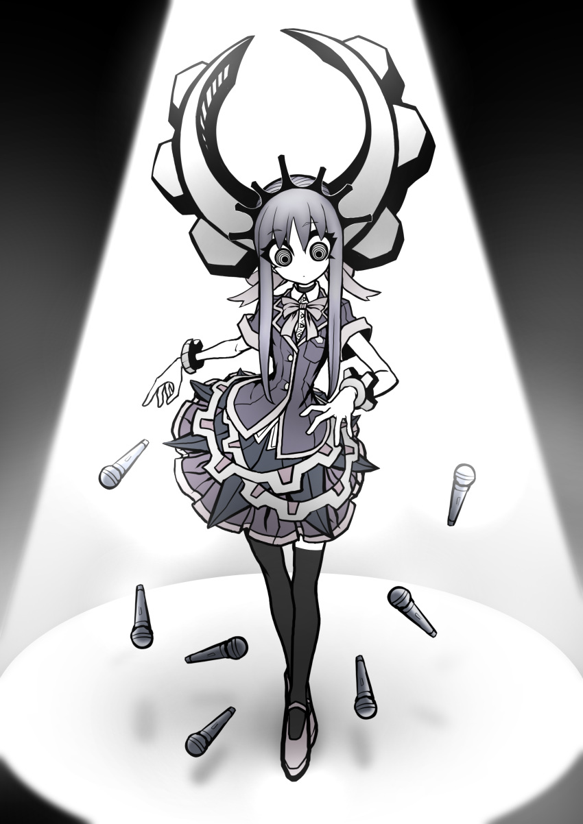 1girl absurdres deus_ex_maki-chan expressionless full_body greyscale highres horns idol jacket long_hair mechanical_horns microphone monochrome nazo_no_diaboro original ringed_eyes skirt solo stage_lights staring thighhighs wide-eyed zettai_ryouiki