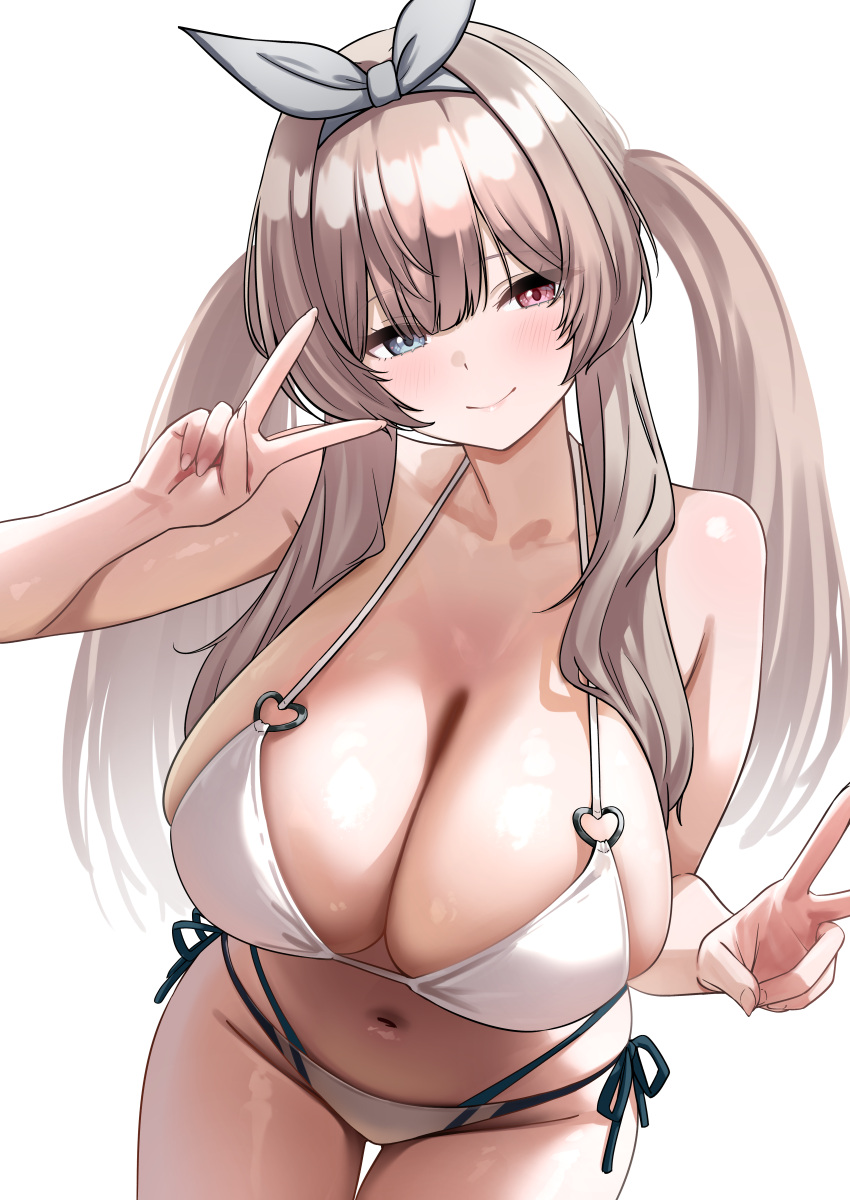 1girl absurdres bikini blue_eyes blush breasts commission curvy double_v herohero_(higashi_no_dou) heterochromia highres large_breasts light_smile long_hair looking_at_viewer navel original pixiv_commission red_eyes side-tie_bikini_bottom simple_background solo swimsuit v white_background white_bikini