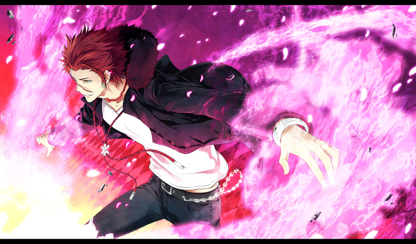 bracelet chain earrings fire hood hoodie jewelry k_(anime) male_focus necklace pink_fire red_eyes red_hair solo suou_mikoto_(k) yellow_eyes yun_(neo)