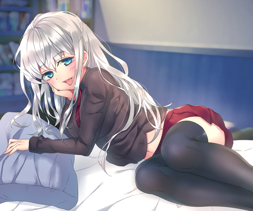 bad_id bad_pixiv_id bed black_legwear blue_eyes blush long_hair looking_at_viewer myg navel necktie original pillow silver_hair sketch skirt smile solo thighhighs tongue tongue_out