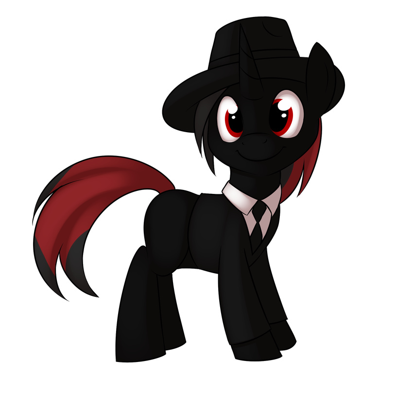 absurd_res alpha_channel black_body black_fur black_hair blues_brothers clothed clothing costume equine feral fur hair hat hi_res horn horse jake_blues kloudmutt looking_at_viewer male mammal multi-colored_hair my_little_pony necktie nether original_character plain_background ponification pony red_eyes red_hair smile solo suit transparent_background two_tone_hair unicorn