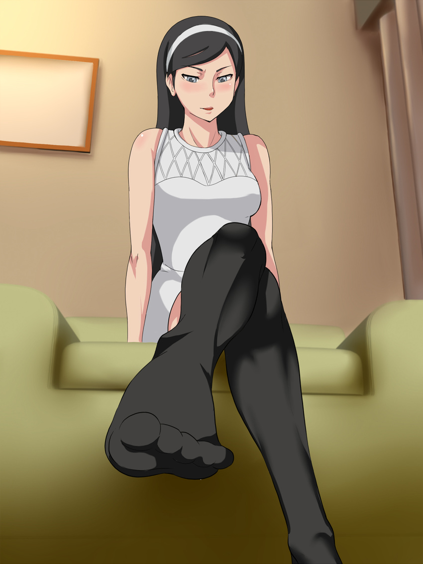 black_hair blue_eyes blush couch dress feet high_tower highres kumashiro_maya legs_crossed long_hair no_shoes seikimatsu_occult_gakuin sitting smile socks sofa solo thighhighs toe-point toes