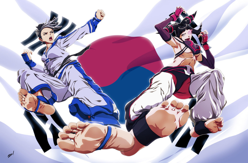 abs baggy_pants barefoot black_hair breasts capcom chae_lim crossover dougi drill_hair feet flag_background flying_kick foreshortening glowing glowing_eye han_juri kicking kof:_maximum_impact medium_breasts midriff multiple_girls navel pants pov_feet purple_eyes scamwich snk soles south_korean_flag street_fighter street_fighter_iv_(series) taekwondo the_king_of_fighters toes tomboy toned twin_drills underboob