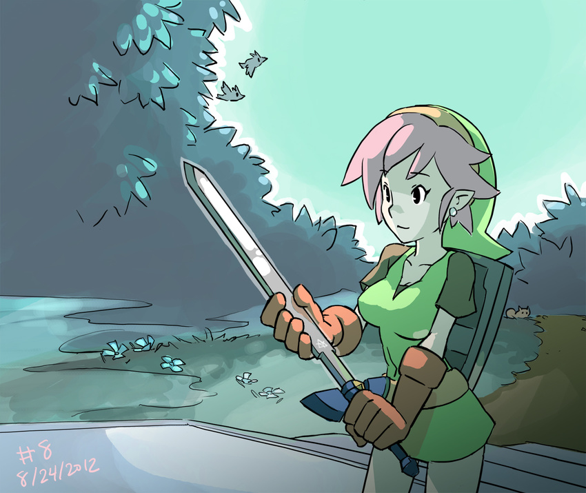 2012 dated earrings genderswap genderswap_(mtf) gloves half-swording hat holding holding_sword holding_weapon jewelry junkpuyo left-handed link master_sword pantyhose pink_hair pointy_ears shield stud_earrings sword the_legend_of_zelda the_legend_of_zelda:_a_link_to_the_past tunic weapon