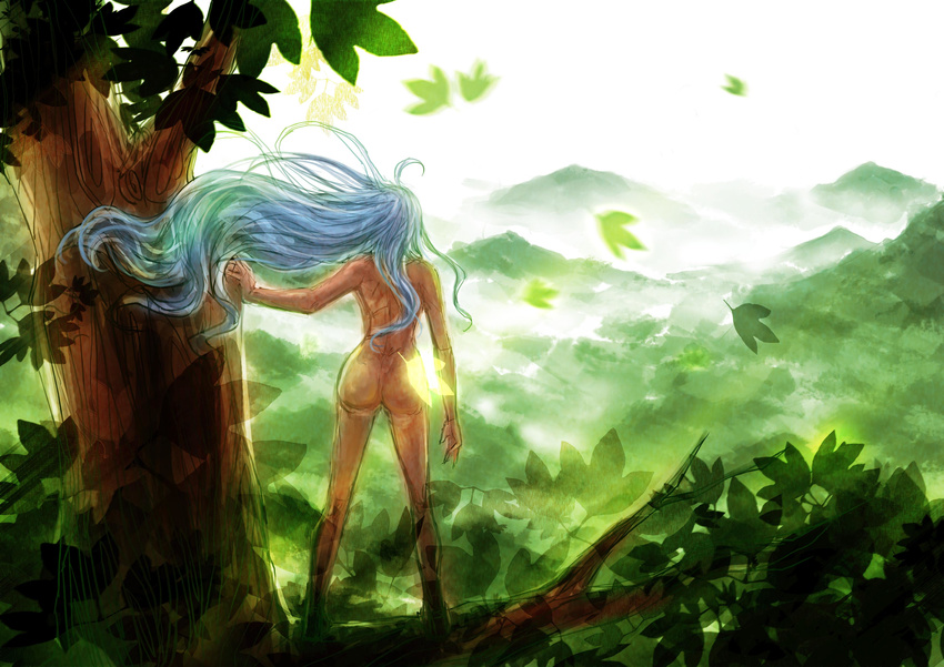 absurdres ass bushuai_no_shuaishuai copyright_request dark_skin forest from_behind highres landscape long_hair mountain nature nude outdoors rainforest solo tree white_hair