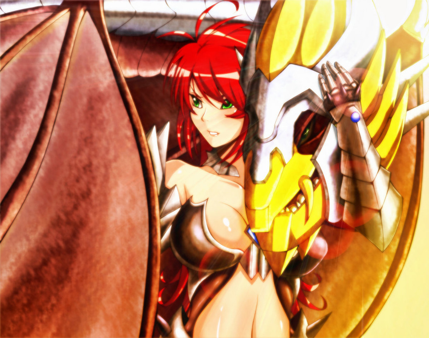 breasts green_eyes hand_on_another's_face hand_on_face large_breasts r-wade red_hair wings