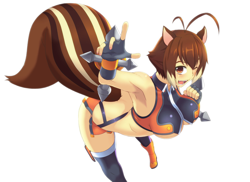 ;d ahoge animal_ears armpits bad_id bad_pixiv_id black_legwear blazblue boots breasts brown_eyes brown_hair dual_wielding fingerless_gloves gloves highres holding huge_breasts leaning maeno_meri makoto_nanaya multicolored_hair one_eye_closed open_mouth orange_skirt revealing_clothes short_hair skirt smile solo squirrel_ears squirrel_tail tail thighhighs tonfa two-tone_hair underboob weapon white_background white_hair
