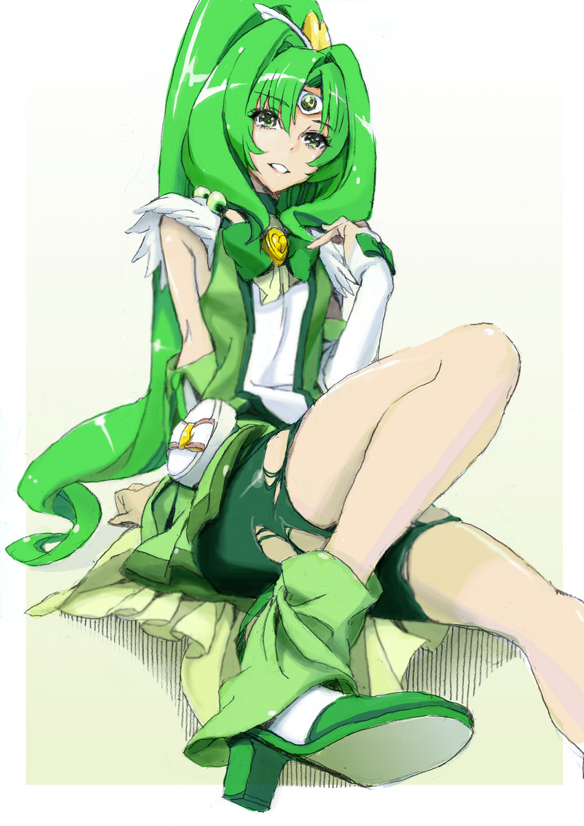 absurdres bike_shorts cure_march green green_eyes green_hair green_shorts green_skirt high_heels highres long_hair magical_girl midorikawa_nao nobita ponytail precure shoes shorts shorts_under_skirt sitting sketch skirt smile_pact smile_precure! solo tiara torn_clothes tri_tails very_long_hair