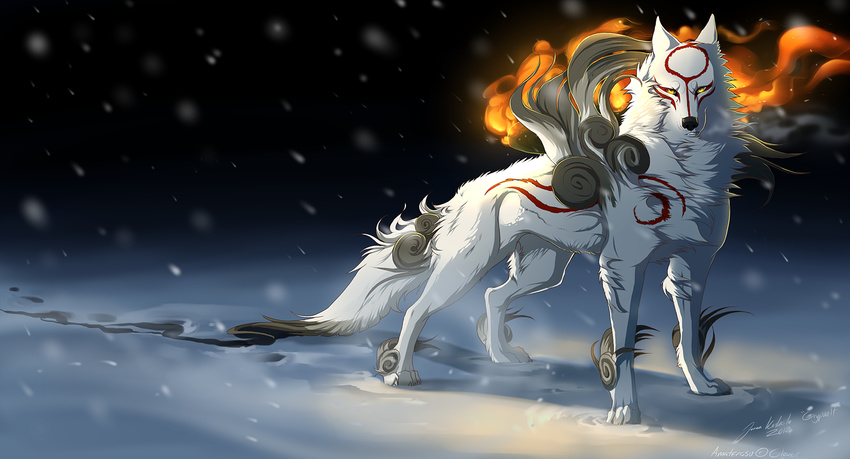 fire grypwolf looking_at_viewer no_humans ookami_(game) snow snowing yellow_eyes