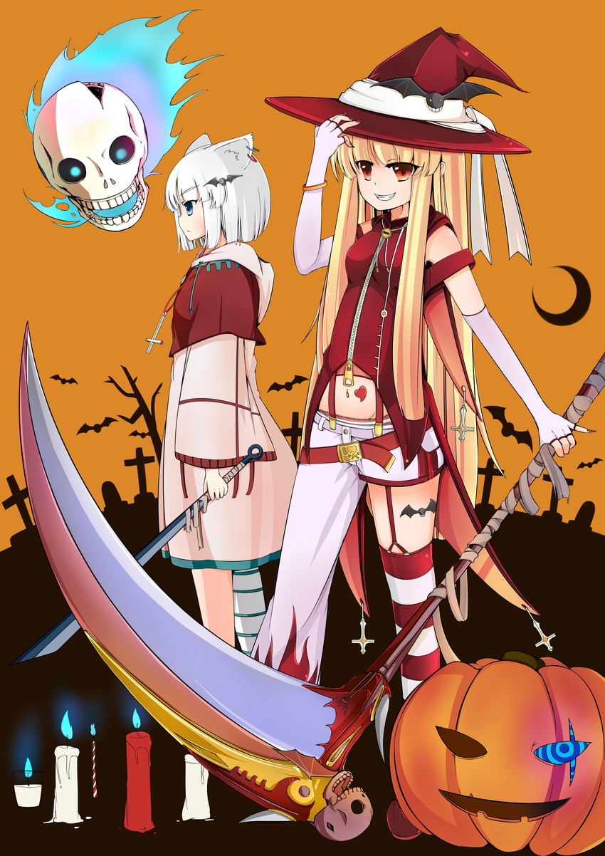 2girls absurdres al_bhed_eyes animal_ears artist_request blonde_hair blue_eyes candle grin halloween hat heart highres jack-o'-lantern jack-o'-lantern midriff multiple_girls navel original red_eyes scythe skull smile weapon white_hair witch witch_hat