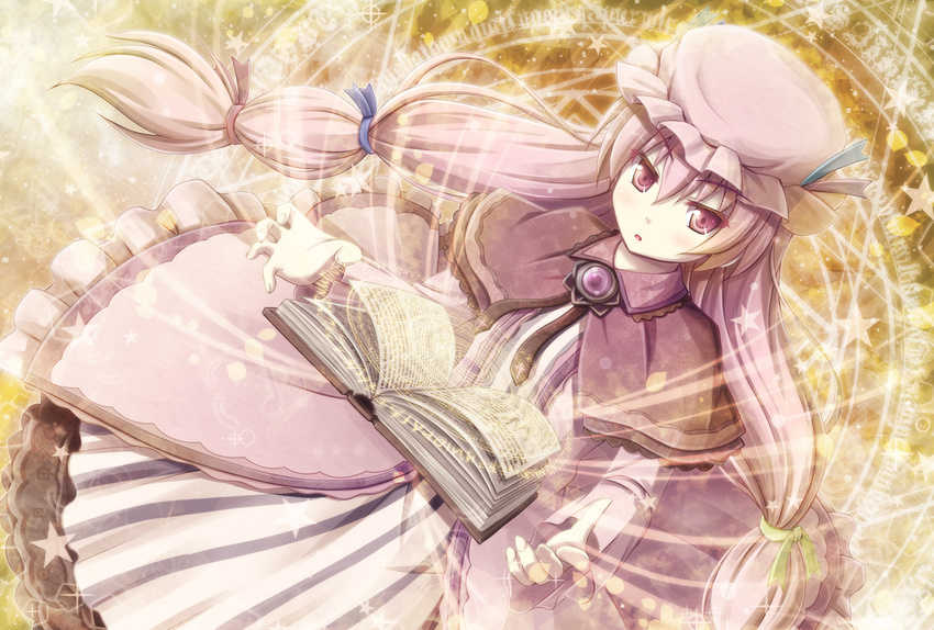 akashio_(loli_ace) book bow capelet crescent dress eyepatch hair_bow hair_ribbon hat highres long_hair magic_circle open_book open_mouth patchouli_knowledge purple_eyes purple_hair ribbon solo star touhou