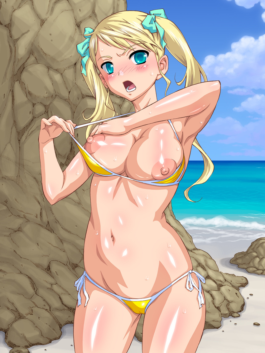 1girl beach bikini bikini_pull blonde_hair blue_eyes blush breasts embarrassed hair_ornament highres large_breasts long_hair navel nipples ocean red-p red_paprika sand solo swimsuit twintails undressing water yellow_bikini