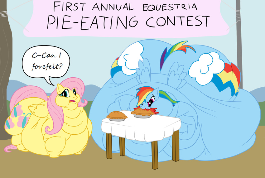baby_got_back big_cheeks blue_eyes blue_fur blue_skin cutie_mark duo eating eating_like_a_pig equine fatass_ponys female feral fluttershy_(mlp) friendship_is_magic fur giant giant_ass green_eyes hair horse like_a_boss mammal morbidly_obese multi-colored_hair my_little_pony om_nom_nom overweight pegasus pie pie_eating_contest pink_hair pony purple_eyes rainbow_dash_(mlp) rainbow_hair sucked_in_hooves thick_legs too_fat_to_move wings yellow_fur yellow_skin