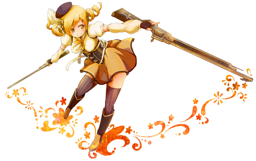 blonde_hair boots breasts drill_hair dual_wielding es_(eisis) foreshortening full_body gloves gun hat holding long_hair magical_girl magical_musket mahou_shoujo_madoka_magica medium_breasts outstretched_arms simple_background skirt solo spread_arms thighhighs tomoe_mami twin_drills twintails weapon white_background yellow_eyes