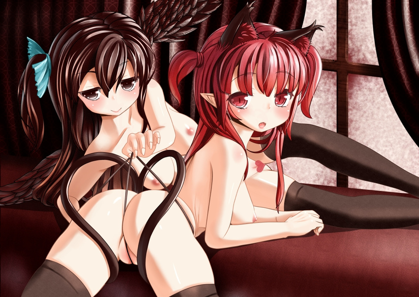 :o alternate_hairstyle animal_ears ass bad_id bad_pixiv_id black_legwear black_wings blush breasts brown_eyes brown_hair cat_ears cat_tail censored collarbone curtains heart heart_censor jixing_renou kaenbyou_rin long_hair looking_at_viewer lying medium_breasts multiple_girls multiple_tails nipples nude on_side pointy_ears pussy red_eyes red_hair reiuji_utsuho side_ponytail smile string_panties tail thighhighs topless touhou twintails underwear underwear_only wings