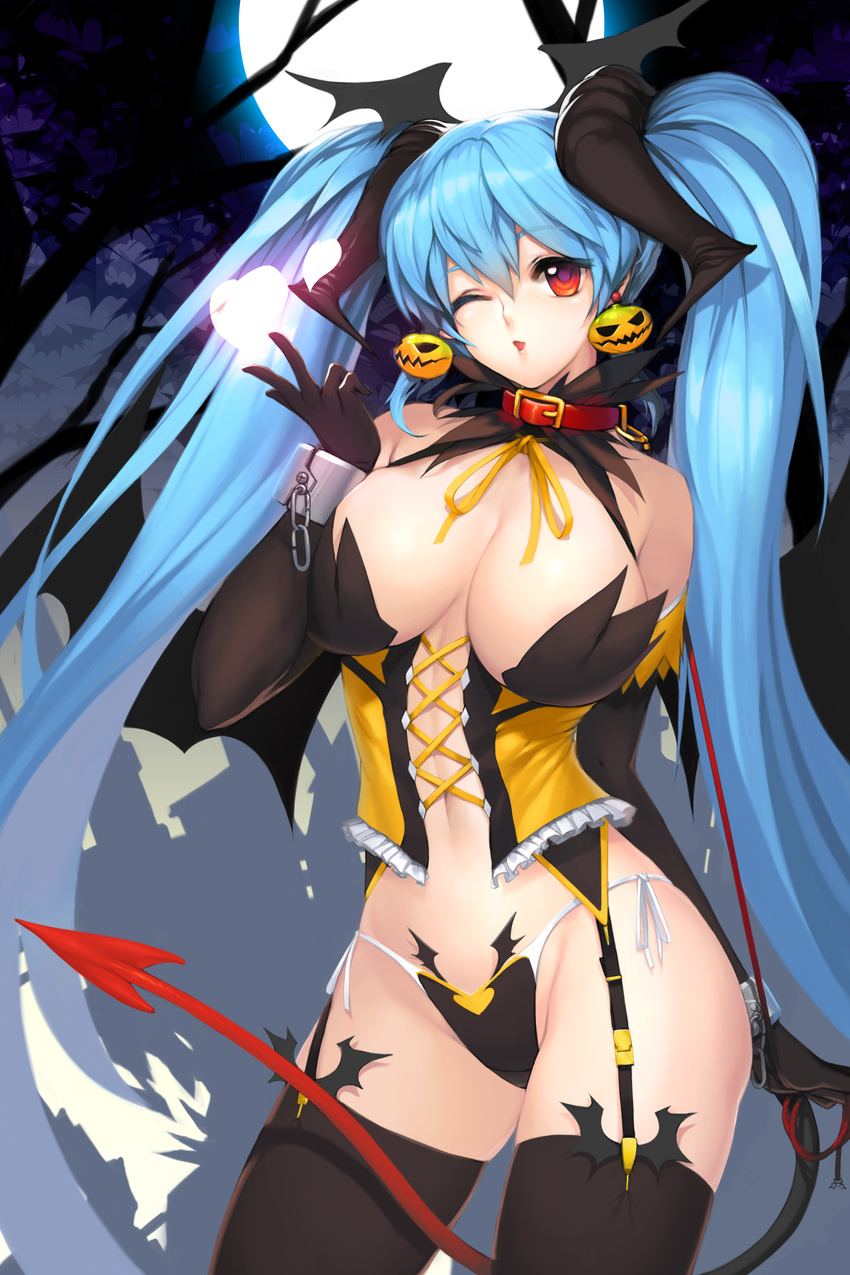 ;o absurdres black_legwear blue_hair breasts collar corset demon_tail earrings full_moon garter_straps groin heart highres horns jack-o'-lantern jack-o'-lantern_earrings jewelry large_breasts long_hair luthica_preventer moon one_eye_closed panties side-tie_panties skindentation snowball22 solo sword_girls tail thighhighs twintails underwear very_long_hair