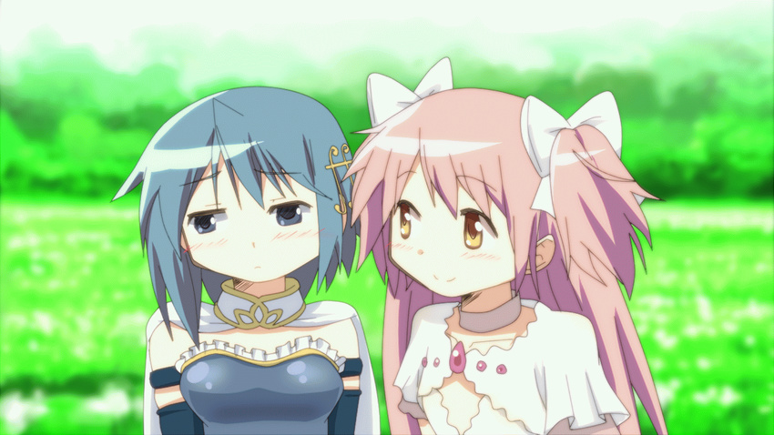 animated animated_gif armband blue_eyes blue_hair bow cape cheek-to-cheek choker hair_bow hair_ornament hairclip hangaku kaname_madoka long_hair luminous_(madoka_magica) magical_girl mahou_shoujo_madoka_magica mahou_shoujo_madoka_magica_movie miki_sayaka multiple_girls pink_hair short_hair smile spoilers two_side_up ultimate_madoka yellow_eyes