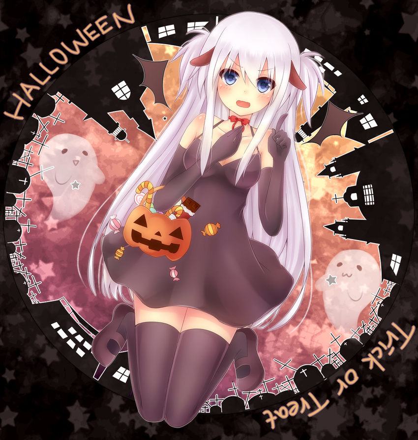 bare_shoulders bat_wings black_gloves black_legwear blue_eyes candy candy_cane candy_wrapper chocolate_bar food ghost gloves halloween highres index_finger_raised jack-o'-lantern komomo_(ptkrx) long_hair mary_janes original shoes solo thighhighs trick_or_treat white_hair wings