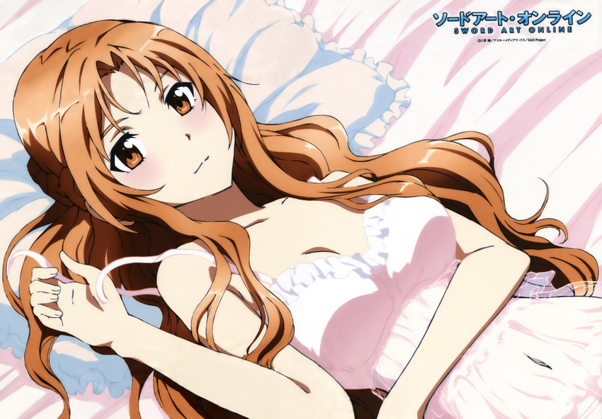 absurdres artist_request asuna_(sao) bed breasts brown_eyes brown_hair cleavage frilled_pillow frills highres lingerie long_hair lying medium_breasts navel official_art pillow scan see-through sword_art_online underwear