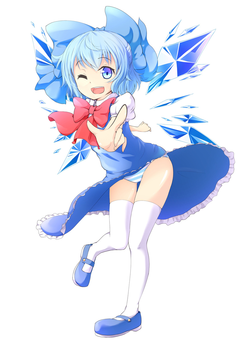 blue_dress blue_eyes blue_hair bow cirno dress full_body hair_bow highres looking_at_viewer mary_janes nogisaka_kushio one_eye_closed open_mouth panties puffy_sleeves shirt shoes short_hair short_sleeves simple_background smile solo striped striped_panties thighhighs touhou underwear upskirt white_background white_legwear wings