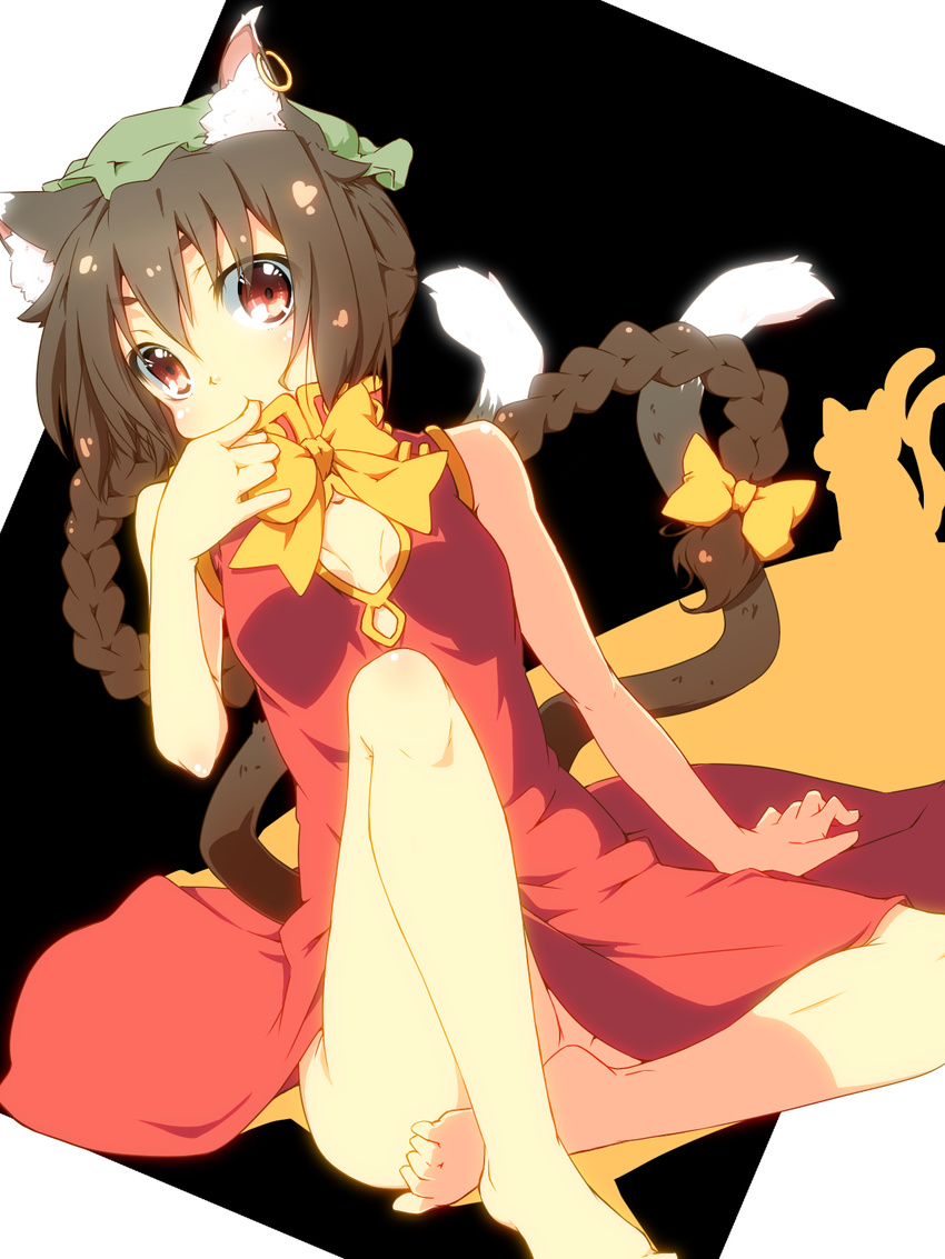 alternate_hairstyle animal_ears bad_feet barefoot bow braid brown_hair cat_ears cat_tail chen china_dress chinese_clothes dress error haruyonoto hat highres jewelry long_hair looking_at_viewer multiple_tails no_panties red_eyes single_earring sitting solo tail teenage touhou twin_braids
