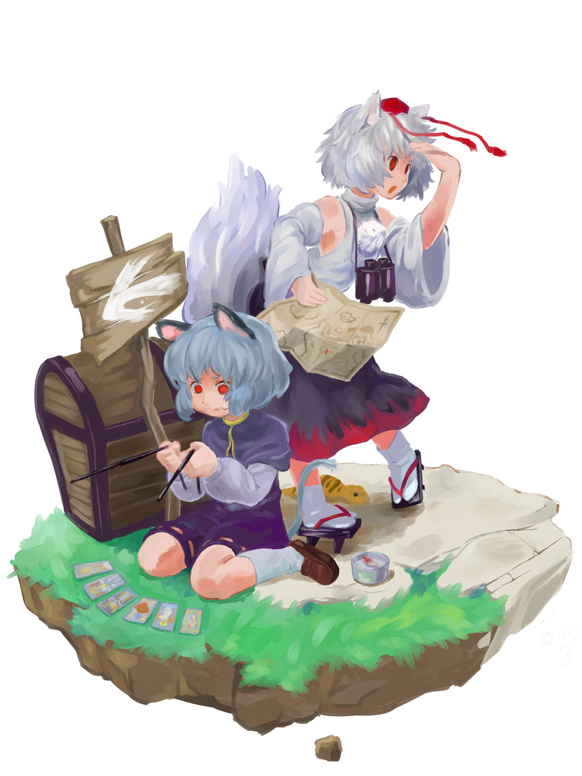 animal_ears bare_shoulders capelet compass detached_sleeves dowsing_rod faux_figurine grey_hair hat highres inubashiri_momiji japanese_clothes long_sleeves mouse_ears mouse_tail multiple_girls nazrin red_eyes short_hair silver_hair skirt tail tokin_hat touhou tsuchinoko vanilla_(nekomist) white_background wolf_ears wolf_tail