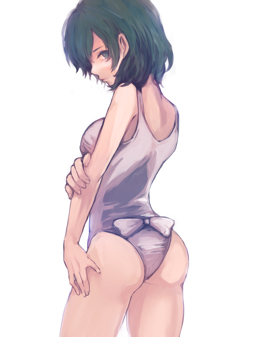 ass back from_behind green_hair hands highres kazami_yuuka looking_at_viewer looking_back meiji_(charisma_serve) short_hair solo swimsuit touhou