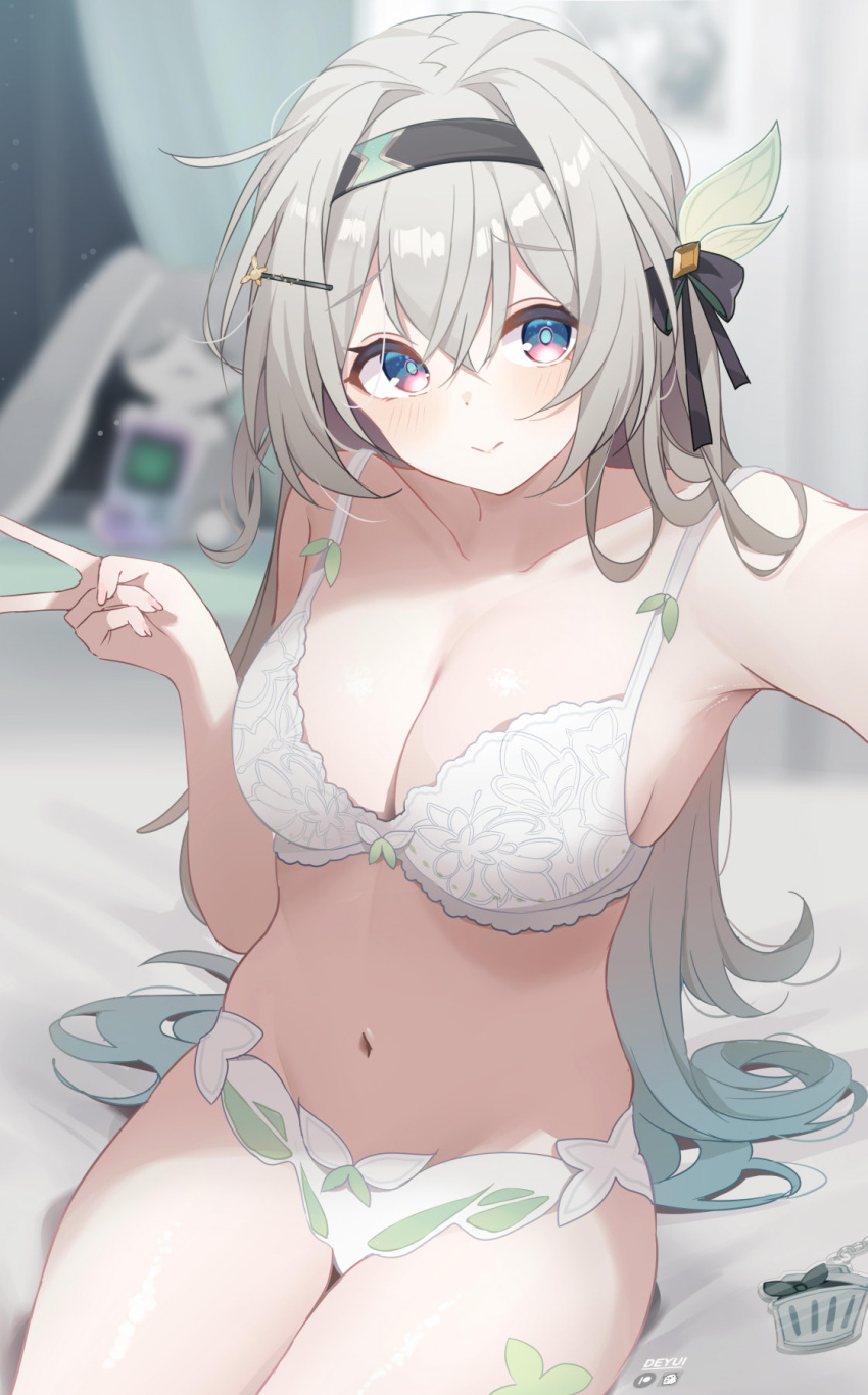 1girl :> alternate_costume artist_name bare_shoulders black_hairband blurry blurry_background blush bra breasts cleavage closed_mouth collarbone crossed_bangs deyui duplicate fanbox_logo firefly_(honkai:_star_rail) grey_hair hair_between_eyes hair_intakes hair_ornament hairband hairclip highres honkai:_star_rail honkai_(series) lace-trimmed_bra lace-trimmed_panties lace_trim large_breasts long_hair looking_at_viewer navel on_bed outstretched_arm panties patreon_logo pixel-perfect_duplicate purple_eyes selfie sitting solo stomach underwear underwear_only v white_bra white_panties