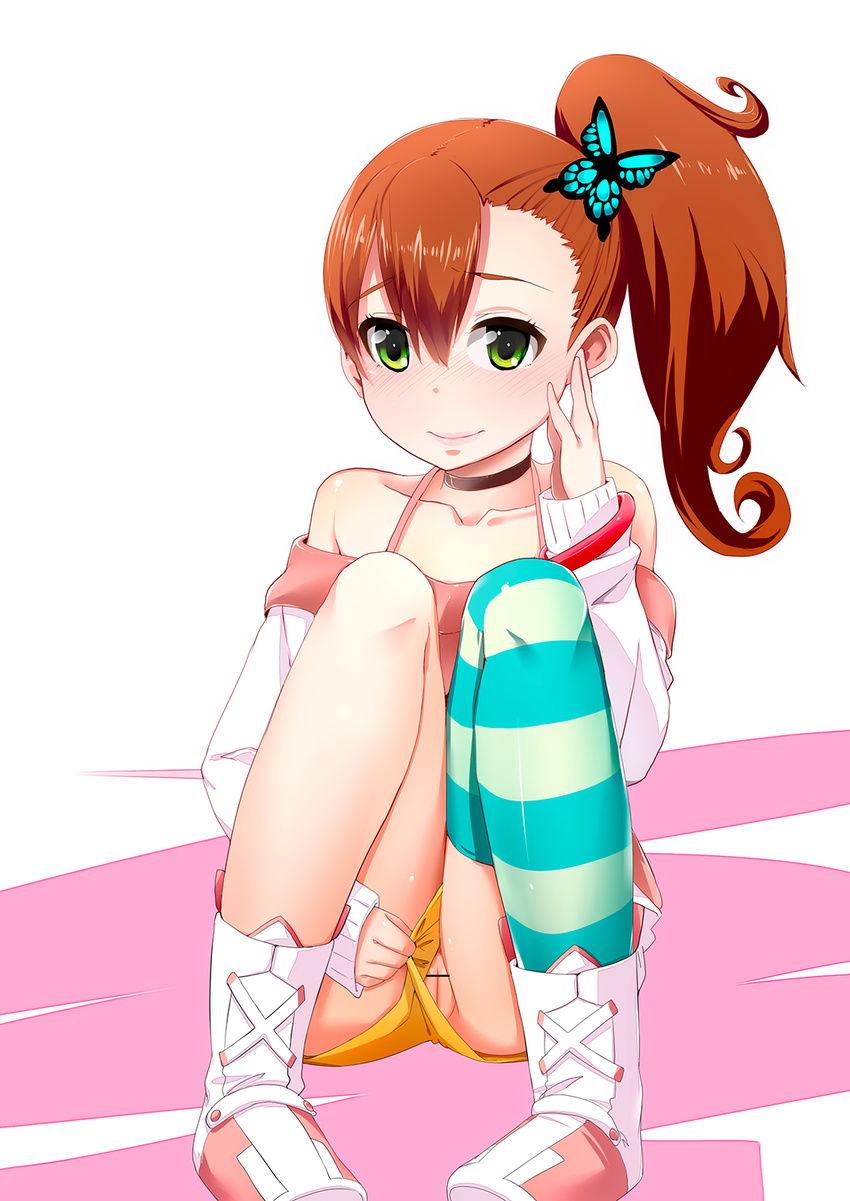 bad_id bad_pixiv_id bare_shoulders blush boots brown_hair butterfly_hair_ornament censored choker chousoku_henkei_gyrozetter green_eyes hair_ornament highres inaba_rinne lips long_sleeves looking_at_viewer no_panties pussy ribbon_choker short_hair shorts shorts_aside side_ponytail single_thighhigh sitting smile striped striped_legwear thighhighs undo-chuu