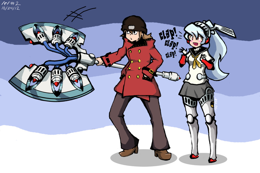 1boy 1girl aqua_hair aragaki_shinjirou armband atlus axe battle_axe beanie black_eyes blush_stickers brown_hair clapping crossover dated drawfag english hand_in_pocket happy hat headphones labrys long_hair open_mouth persona persona_3 persona_4:_the_ultimate_in_mayonaka_arena pleated_skirt ponytail red_eyes robot_joints school_uniform shin_megami_tensei simple_background skirt smile trench_coat weapon