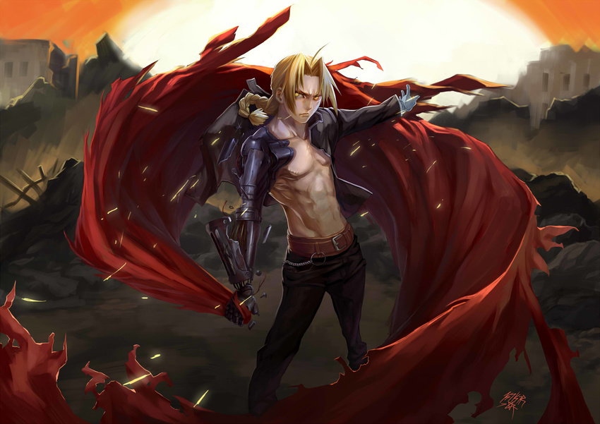 abs belt blonde_hair braid edward_elric fullmetal_alchemist gloves highres holding kikira male_focus mechanical_arm muscle outstretched_arm ruins scar single_braid solo standing yellow_eyes