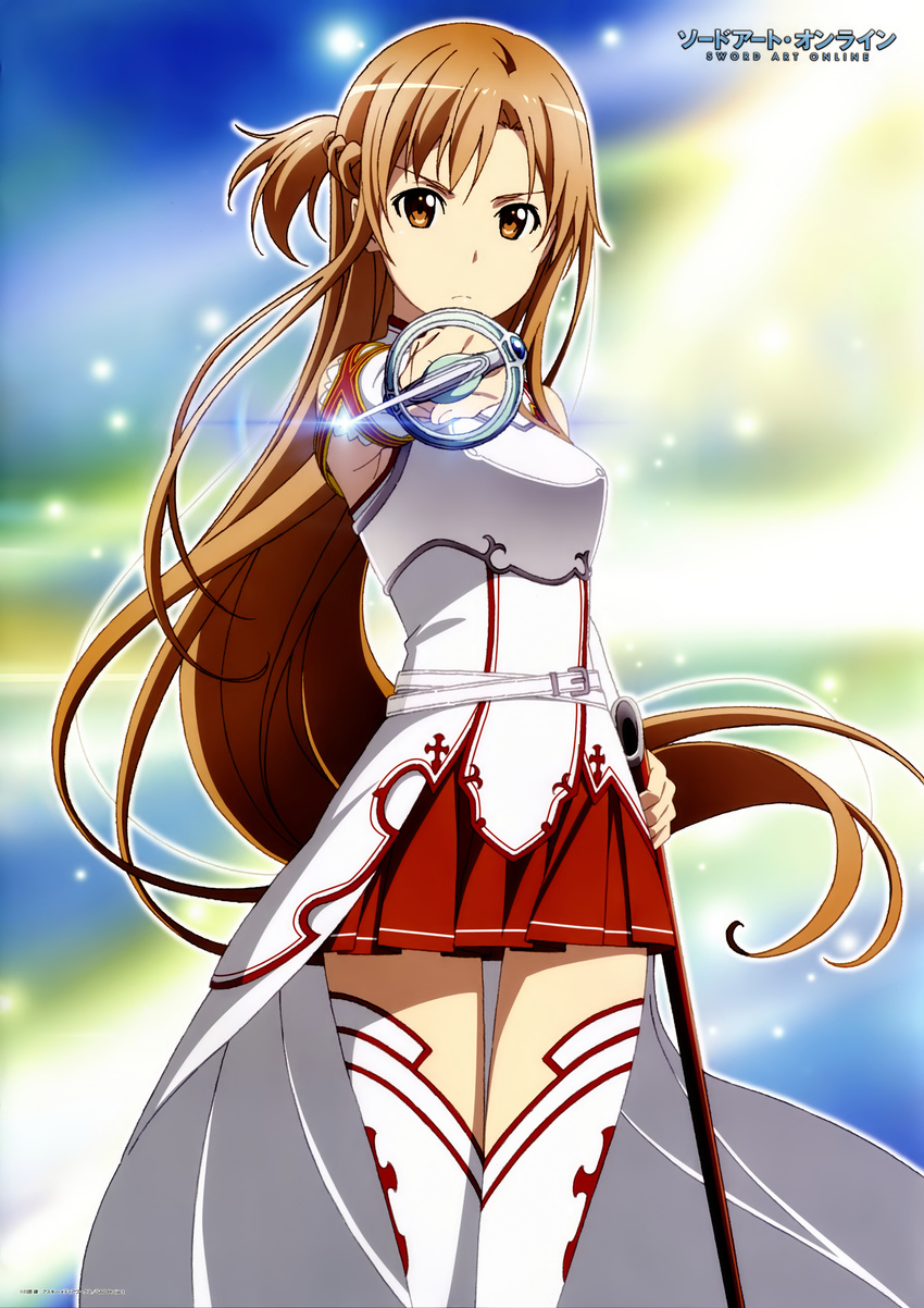 absurdres artist_request asuna_(sao) breastplate brown_eyes brown_hair highres official_art pointing pointing_at_viewer rapier scan skirt sword sword_art_online thighhighs weapon white_legwear