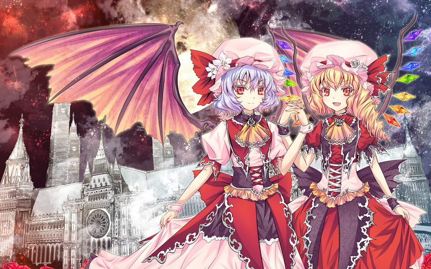 alternate_costume ascot bat_wings blonde_hair dress drill_hair flandre_scarlet flower full_moon hat hat_flower hat_ribbon holding_hands lavender_hair moon multiple_girls nail_polish open_mouth red_eyes remilia_scarlet ribbon riyun_(halodark) scarlet_devil_mansion short_hair siblings side_ponytail sisters skirt_hold smile touhou wallpaper wings wrist_cuffs