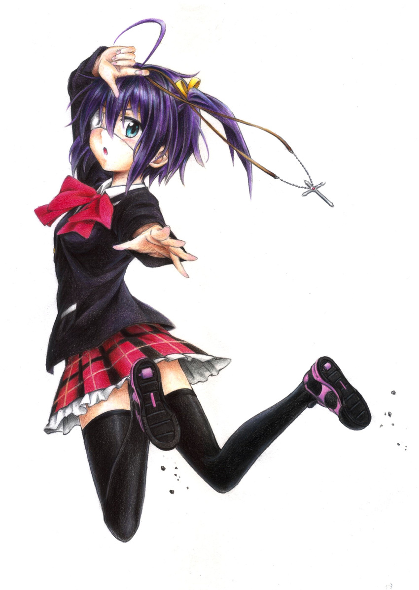 :o absurdres ahoge aruchan black_hair black_legwear blazer blue_eyes bow chuunibyou_demo_koi_ga_shitai! colored_pencil_(medium) cross eyepatch from_behind heelys highres jacket looking_back one_side_up open_mouth plaid plaid_skirt school_uniform shoes short_hair skirt solo takanashi_rikka thighhighs traditional_media zettai_ryouiki