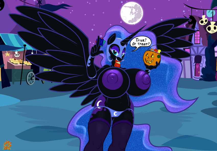 anthro anthrofied badgerben big_breasts breasts camel_toe condom condom_in_mouth dialog dialogue equine female friendship_is_magic horn huge_breasts mammal moon my_little_pony night nightmare_moon_(mlp) nipples panties solo text underwear winged_unicorn wings