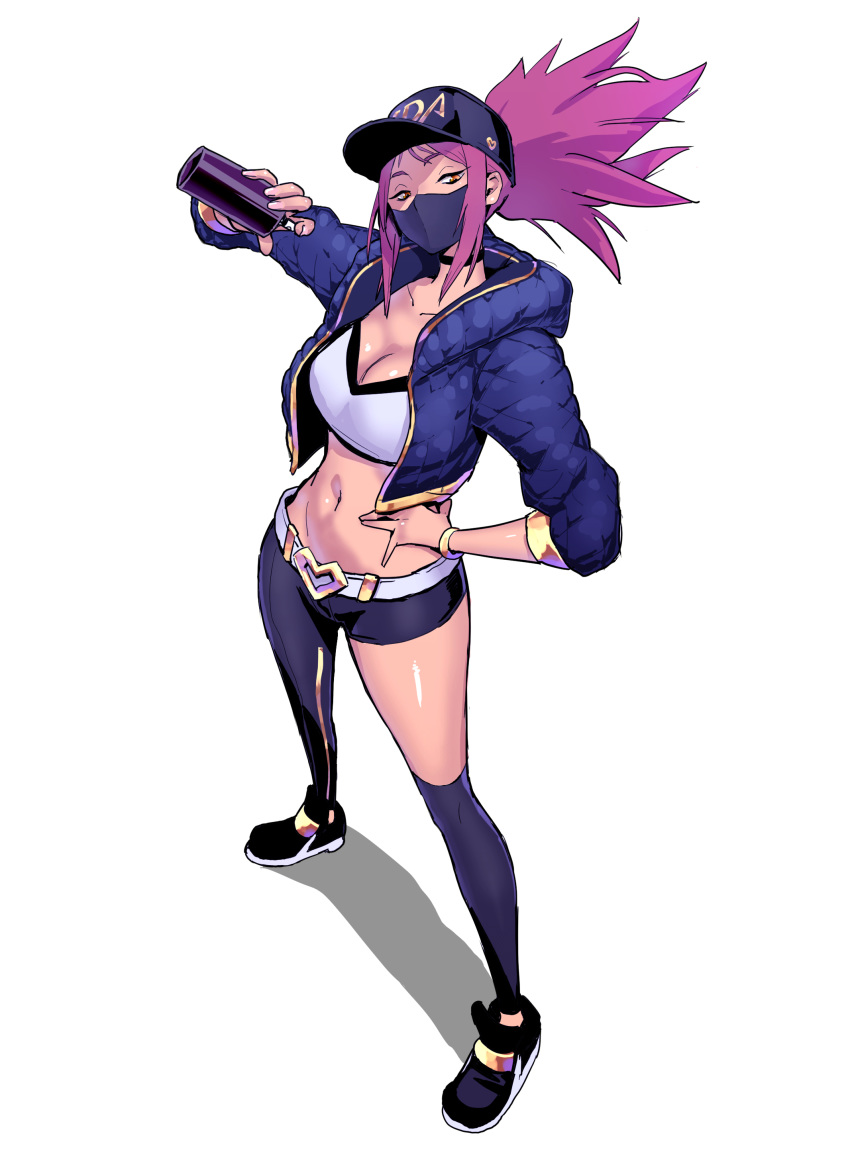 1girl absurdres akali asymmetrical_clothes baseball_cap belt black_legwear bracelet breasts choker cleavage cropped_jacket hand_on_hip hat highres holding hood hooded_jacket jacket jewelry k/da_(league_of_legends) k/da_akali league_of_legends long_hair mask midriff navel orange_eyes ponytail purple_eyes purple_hair simple_background single_pantsleg single_thighhigh solo spray_can thighhighs velzhe white_background