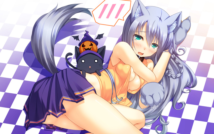 :d animal_ears aqua_eyes ayatudura bad_id bad_pixiv_id blush breasts cat checkered checkered_floor highres jack-o'-lantern long_hair looking_at_viewer lying medium_breasts on_side open_mouth original paws silver_hair smile solo speech_bubble spoken_blush tail thighs