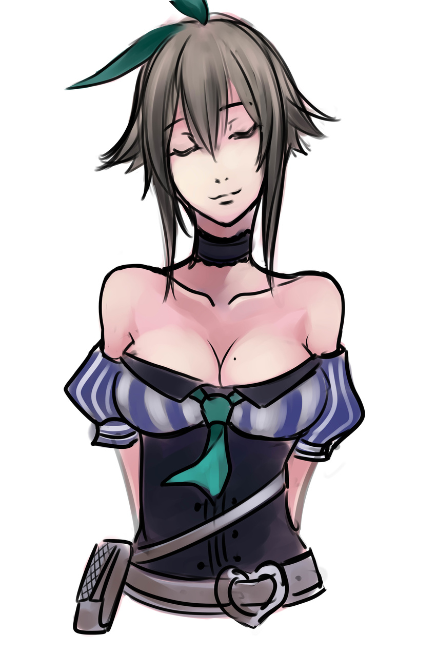 absurdres bare_shoulders belt belt_buckle breasts brown_hair buckle choker cleavage closed_eyes collarbone early_type hair_ribbon head_tilt heart highres large_breasts mole mole_on_breast pouch ribbon short_hair smile sol_trigger solo upper_body wilma_(sol_trigger)