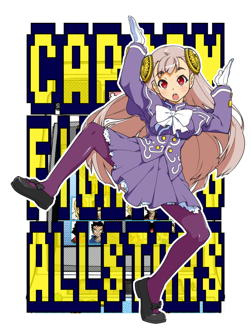 :o capcom_fighting_jam chestnut_mouth commentary_request derivative_work eyebrows gloves hairpods highres ichimonji_batsu ingrid justice_gakuen long_hair mary_janes open_mouth pantyhose purple_legwear purple_skirt red_eyes ribbon ringed_eyes shoes skirt usuiken