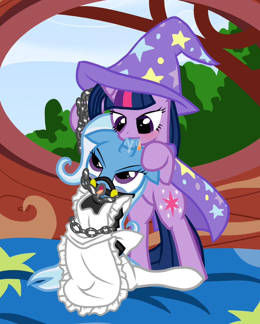 bed blush cape cutie_mark duo equine female feral friendship_is_magic fur gag hair hat horn hornjob horse inside lesbian licking long_hair maid_outfit maid_uniform mammal multi-colored_hair my_little_pony pony purple_eyes purple_fur pyruvate ring_gag saliva stars tongue tongue_out trixie_(mlp) twilight_sparkle_(mlp) unicorn uniform wizard_hat
