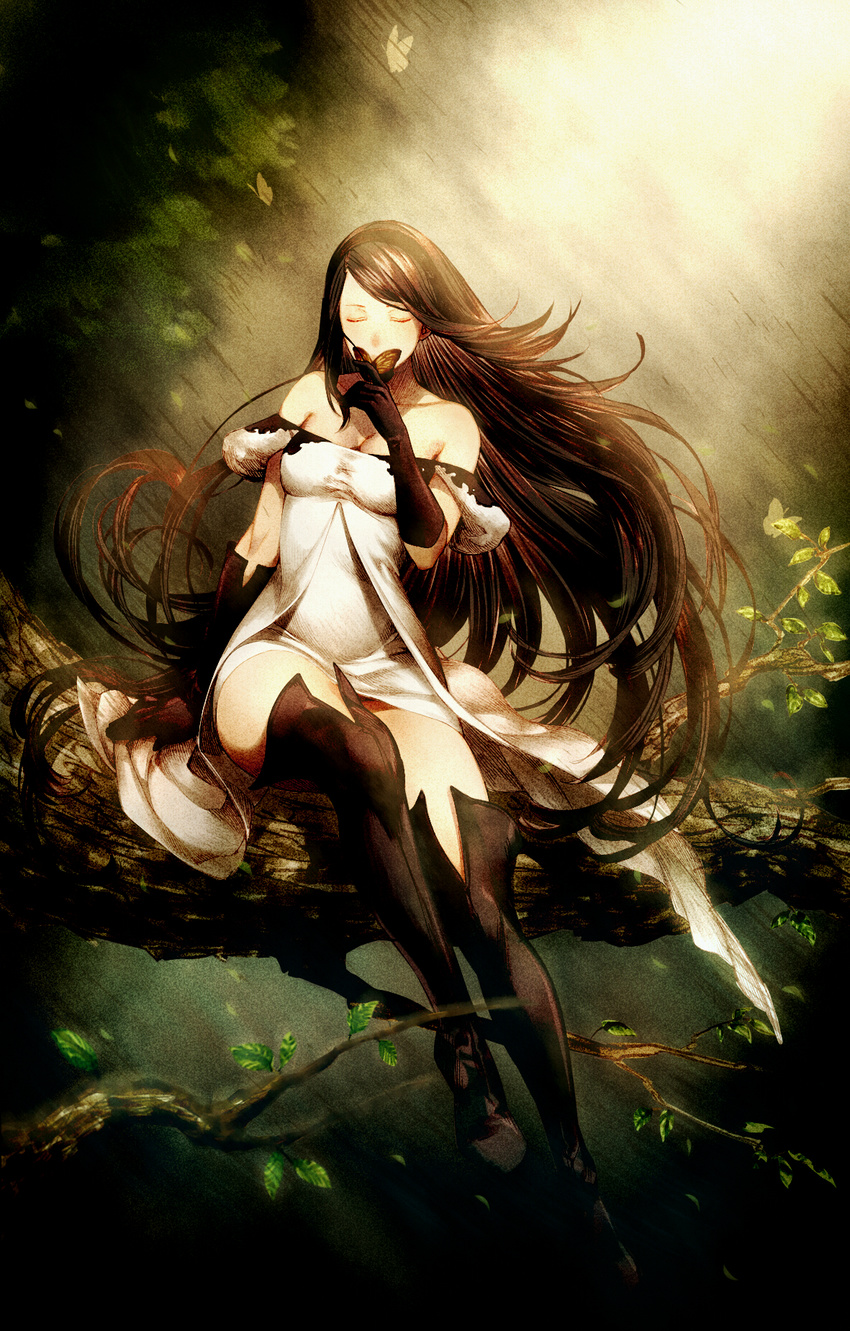 agnes_oblige bare_shoulders black_gloves black_hair black_legwear boots branch bravely_default:_flying_fairy bravely_default_(series) breasts brown_hair bug butterfly cleavage closed_eyes collarbone crosshatching dress gloves hairband highres in_tree insect kazari_tayu knee_boots long_hair medium_breasts sitting sitting_in_tree solo thighhighs tree very_long_hair