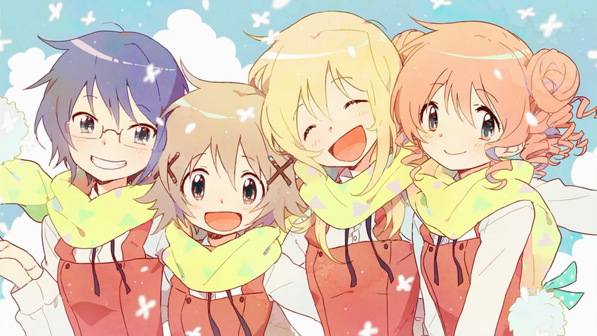 blonde_hair blue_eyes blue_hair blush brown_eyes brown_hair cloud day end_card glasses grin hair_ornament hairclip hidamari_sketch hiro looking_at_viewer miyako multiple_girls niwa non-web_source open_mouth pink_hair sae scarf school_uniform shared_scarf short_hair sky smile yellow_scarf yuno