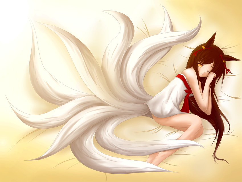 ahri animal_ears bad_deviantart_id bad_id bare_legs bare_shoulders barefoot bell black_hair dakaringer dress flat_chest fox_ears fox_tail hair_ornament highres league_of_legends long_hair looking_at_viewer lying multiple_tails on_bed on_side one_eye_closed ribbon smile solo sundress tail yellow_eyes younger