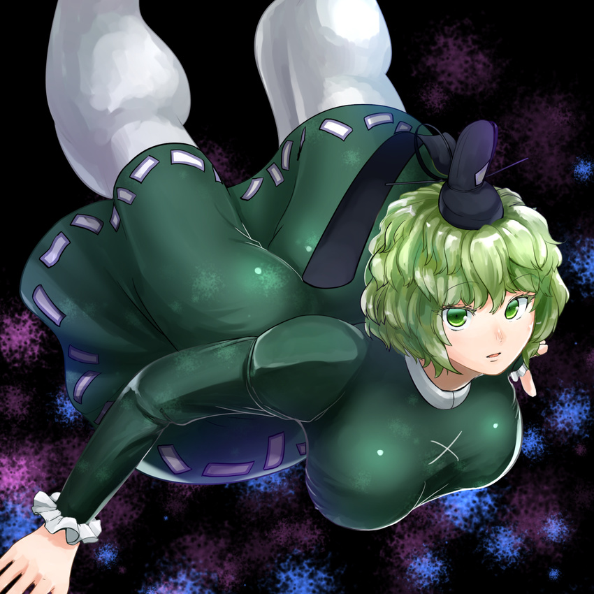 breasts dress ghost_tail green_dress green_eyes green_hair hat highres large_breasts long_sleeves masami_t multiple_tails short_hair soga_no_tojiko solo tail tate_eboshi touhou