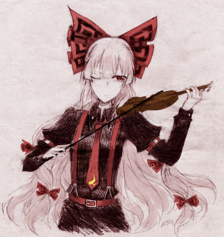 alternate_color ayg belt bow buckle colored_pencil_(medium) fujiwara_no_mokou hair_bow instrument long_hair looking_away necktie one_eye_closed red_eyes signature solo suspenders touhou traditional_media violin