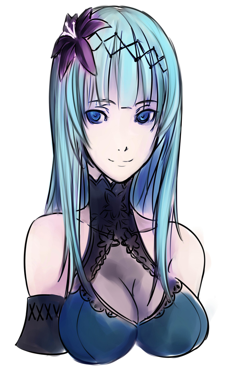 absurdres aqua_hair bare_shoulders blue_eyes breasts cleavage cleavage_cutout early_type elbow_gloves flower gloves hair_flower hair_ornament halterneck hibiscus highres large_breasts long_hair smile sol_trigger solo sophie_(sol_trigger) upper_body