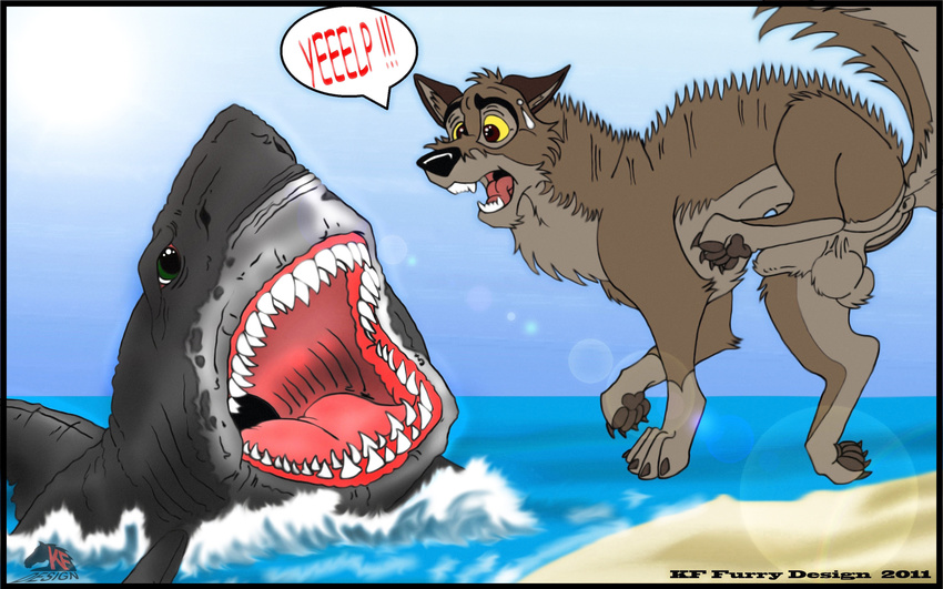 ambiguous_gender anus attack balls balto balto_(film) canine crossover dog english_text feral fish great_white_shark kf_furry_design lens_flare mammal marine open_mouth scared shark sweat sweatdrop teeth text tight_ass water